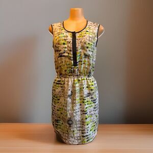APT 9 Sleeveless Printed Dress Medium Elastic Waist Abstract Green Black Lined